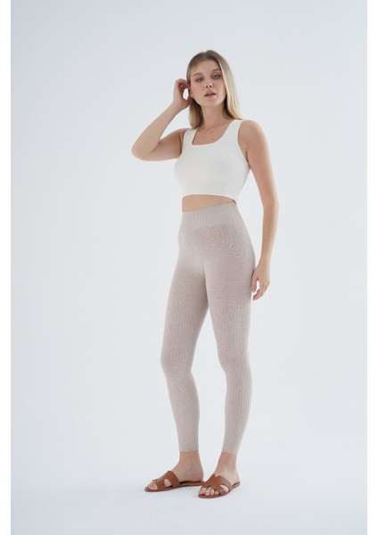 Kadın Bej Saç Örgülü Fitilli Örme Pamuk Viscon Yün Içerikli Özel Iplik Dikişsiz Triko Tayt TRIST-K-1975 fırsatları