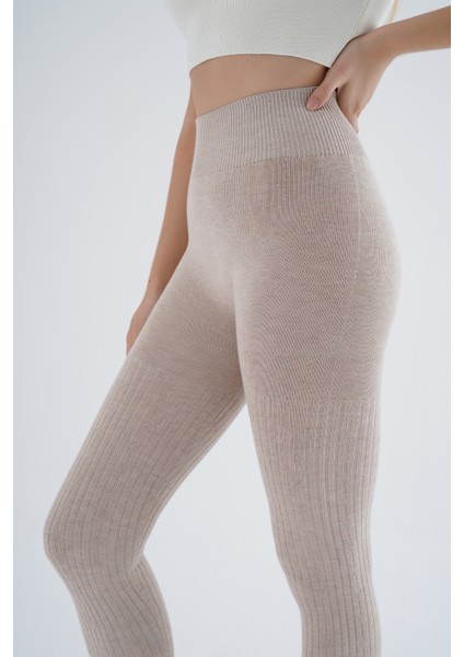 Kadın Bej Saç Örgülü Fitilli Örme Pamuk Viscon Yün Içerikli Özel Iplik Dikişsiz Triko Tayt TRIST-K-1975 indirimleri