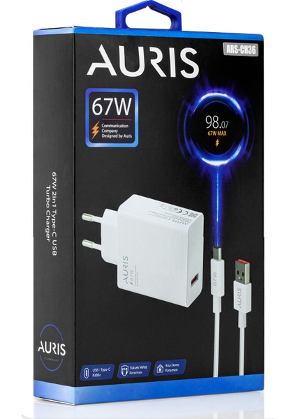 USB To Type C 67 Watt Turbo Hızlı Şarj Aleti Type C Kablolu + USB Şarj Başlığı Yüksek Hızlı Şarj Göstergesi Çıkaran