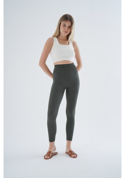 Kadın Haki Saç Örgülü Fitilli Örme Pamuk Viscon Yün Içerikli Özel Iplik Dikişsiz Triko Tayt TRIST-K-1975