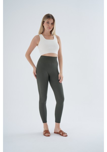 Kadın Haki Saç Örgülü Fitilli Örme Pamuk Viscon Yün Içerikli Özel Iplik Dikişsiz Triko Tayt TRIST-K-1975 fiyatları