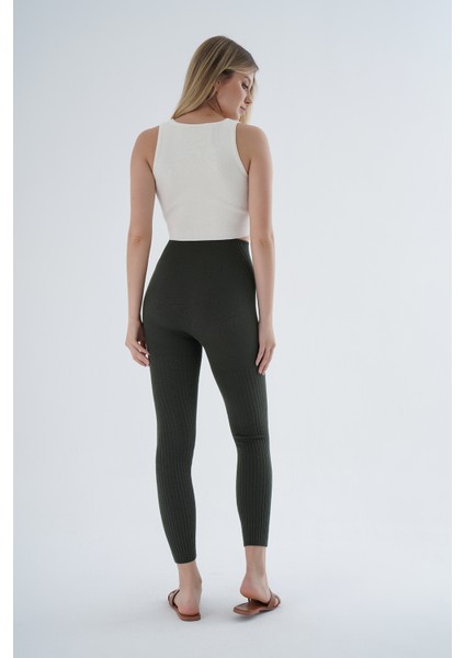 Kadın Haki Saç Örgülü Fitilli Örme Pamuk Viscon Yün Içerikli Özel Iplik Dikişsiz Triko Tayt TRIST-K-1975 modelleri