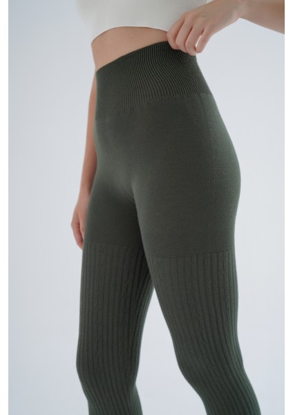 Kadın Haki Saç Örgülü Fitilli Örme Pamuk Viscon Yün Içerikli Özel Iplik Dikişsiz Triko Tayt TRIST-K-1975 indirimleri