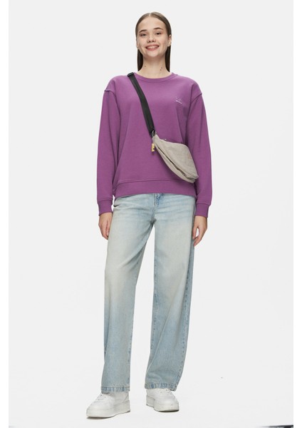 Sunniva Mor Bisiklet Yaka Nakışlı Loose Fit Kadın Sweatshirt modelleri