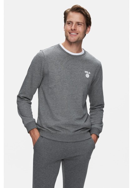 Valley Koyu Gri Bisiklet Yaka Baskılı Standard Fit Erkek Sweatshirt