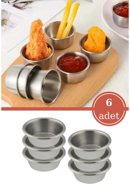 6 Adet Paslanmaz Çelik Sosluk, Burger Yanı Ketçap Mayonez Sosluk Baharatlık 6’lı Set (6x3 Cm)