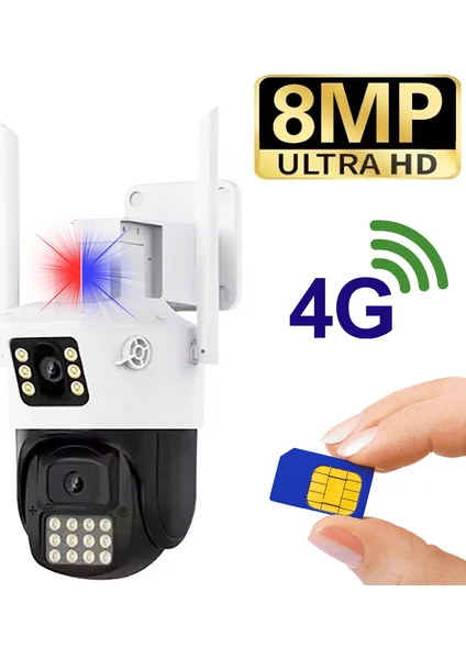 8mp Ultra Hd 4g Sim Kart ile Çalışan 12V Adaptörlü Telefona Bağlanan Güvenlik Kamerası