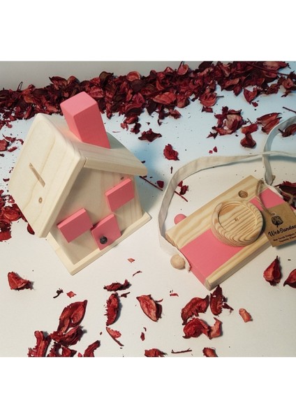 Ahşap Hediyelik Kumbara + Oyuncak Fotoğraf Makinesi Set, Dekoratif ,eğitici Oyuncak, Çocuk Oyuncak