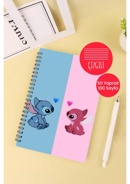 Anime Marketi Mavi Pembe Stitch Tasarımlı A5 Spiralli Okul Defteri 50 Yaprak 100 Sayfa - Çizgili