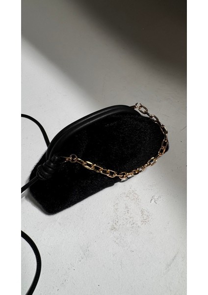 Siyah Kırçıllı Kumaş Kadın Şık Gold Mini Tutma Zincir Detaylı Çanta