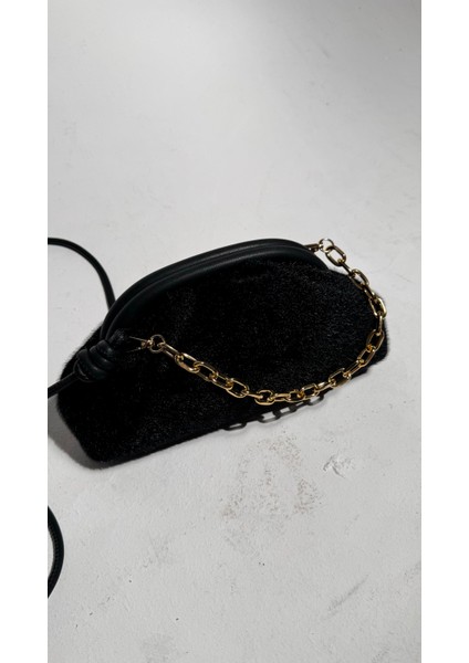 Siyah Kırçıllı Kumaş Kadın Şık Gold Mini Tutma Zincir Detaylı Çanta fiyatları