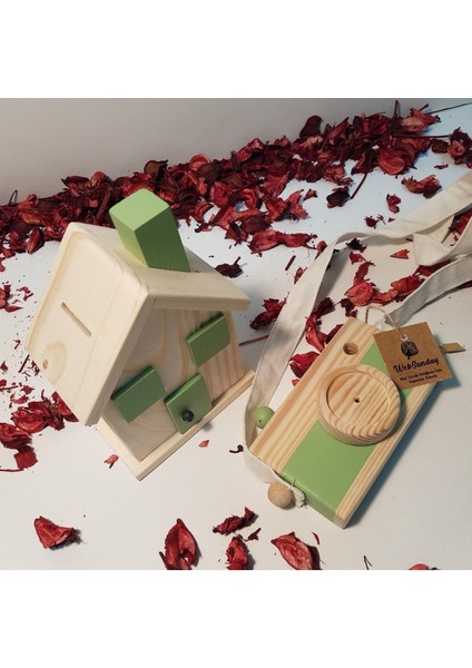 Ahşap Hediyelik Kumbara + Oyuncak Fotoğraf Makinesi Set, Dekoratif ,eğitici Oyuncak, Çocuk Oyuncak modelleri