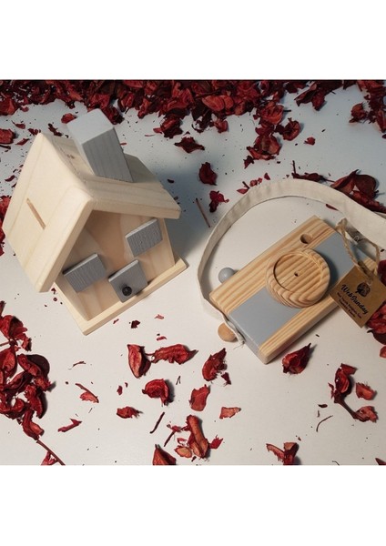 Ahşap Hediyelik Kumbara + Oyuncak Fotoğraf Makinesi Set, Dekoratif ,eğitici Oyuncak, Çocuk Oyuncak