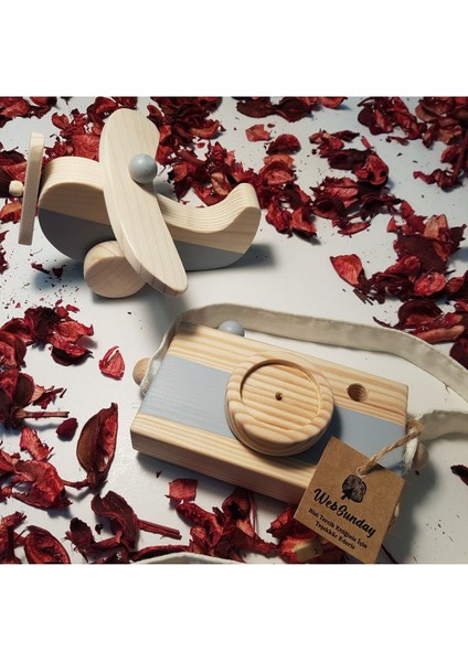 Ahşap Elyapımı Baby Uçak ve Oyuncak Fotoğraf Makinesi Set, Dekoratif, Eğitici Oyuncak, Çocuk Oyunca