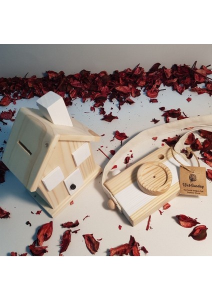 Ahşap Hediyelik Kumbara + Oyuncak Fotoğraf Makinesi Set, Dekoratif ,eğitici Oyuncak, Çocuk Oyuncak