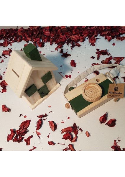 Ahşap Hediyelik Kumbara + Oyuncak Fotoğraf Makinesi Set, Dekoratif ,eğitici Oyuncak, Çocuk Oyuncak