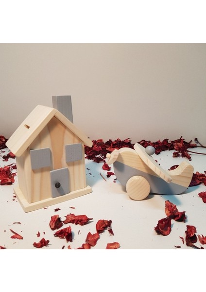 Ahşap Elyapımı Baby Uçak + Kumbara Oyuncak Set, Dekoratif Oyuncak, Eğitici Oyuncak, Çocuk Oyuncak