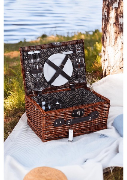 Picno Italy 2 Kişilik Hasır, Siyah Desen Yalıtımlı Astarlı, Aksesuar Sepeti İle Taşınabilir Piknik Sepeti