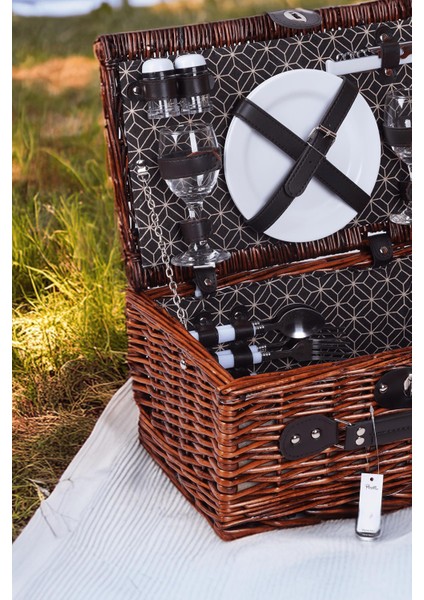 Picno Italy 2 Kişilik Hasır, Siyah Desen Yalıtımlı Astarlı, Aksesuar Sepeti İle Taşınabilir Piknik Sepeti fiyatları