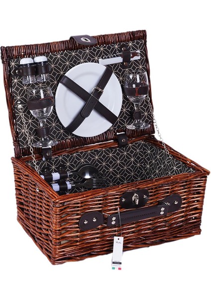 Picno Italy 2 Kişilik Hasır, Siyah Desen Yalıtımlı Astarlı, Aksesuar Sepeti İle Taşınabilir Piknik Sepeti modelleri