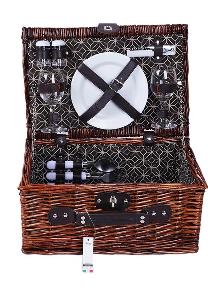 Picno Italy 2 Kişilik Hasır, Siyah Desen Yalıtımlı Astarlı, Aksesuar Sepeti İle Taşınabilir Piknik Sepeti fırsatları