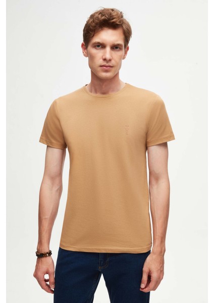 Slim Fit Camel Düz Logo Baskılı Strech Pamuklu T-Shirt