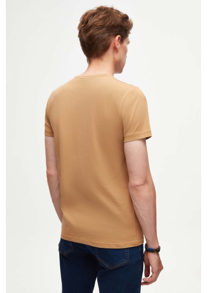 Slim Fit Camel Düz Logo Baskılı Strech Pamuklu T-Shirt modelleri
