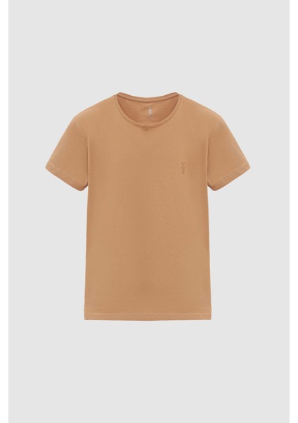 Slim Fit Camel Düz Logo Baskılı Strech Pamuklu T-Shirt fırsatları