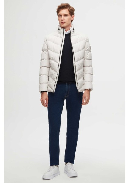 Slim Fit Ekru Gizlenebilir Kapüşonlu Elyaf Dolgulu Rüzgar Geçirmez Mont