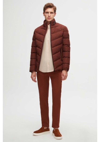 Slim Fit Kiremit Gizlenebilir Kapüşonlu Elyaf Dolgulu Rüzgar Geçirmez Mont