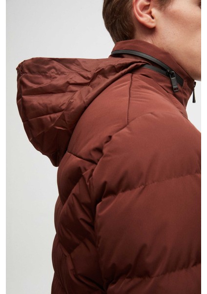 Slim Fit Kiremit Gizlenebilir Kapüşonlu Elyaf Dolgulu Rüzgar Geçirmez Mont
