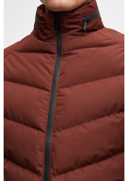 Slim Fit Kiremit Gizlenebilir Kapüşonlu Elyaf Dolgulu Rüzgar Geçirmez Mont