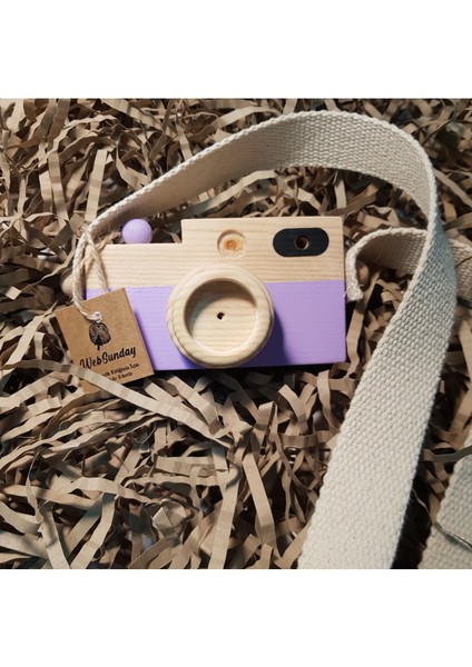 Ahşap Oyuncak Fotoğraf Makinesi, Kız Erkek 0 - 3 Yaş Hediyelik Askılı Dekoratif Oyuncak -Lila