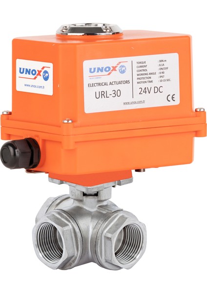DN32 - 1 1/4"" 24 V Dc Elektrikli Aktüatörlü Dişli Küresel Vana 3 Yollu L Port