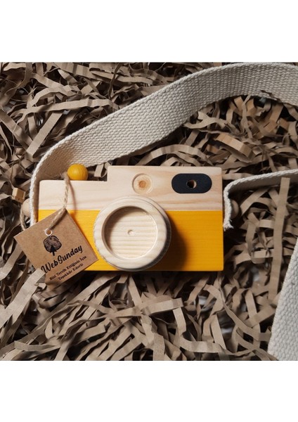 Ahşap Oyuncak Fotoğraf Makinesi, Kız Erkek 0 - 3 Yaş Hediyelik Askılı Dekoratif Oyuncak -Güneş Sarı