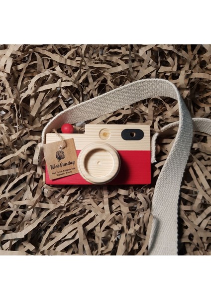 Ahşap Oyuncak Fotoğraf Makinesi, Kız Erkek 0 - 3 Yaş Hediyelik Askılı Dekoratif Oyuncak -Kırmızı