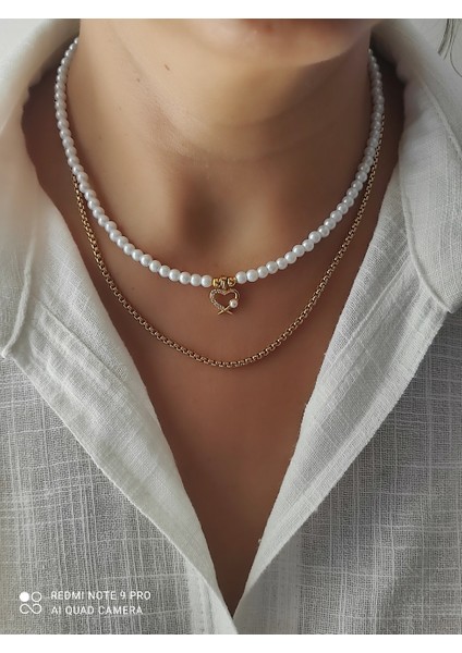 Amabel Jewelerys Altın Kaplama Cam Incisi Zirkon Kalp Detaylı Kadın Kolye