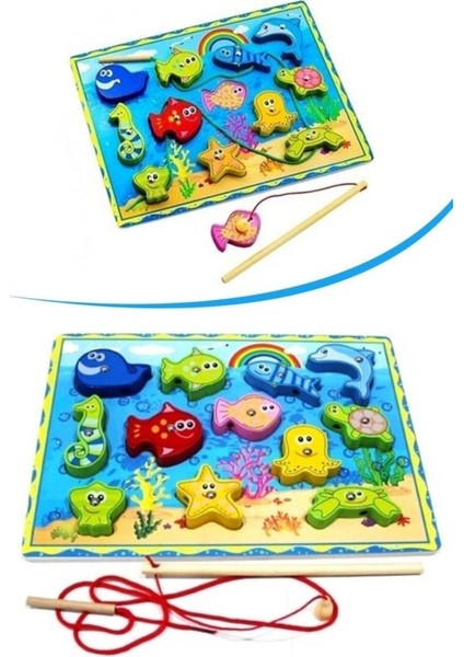 3D Ahşap Oyuncak Balık Tutma ve İpe Dizme Oyun Alanı (42 Parça Puzzle Hediyeli)