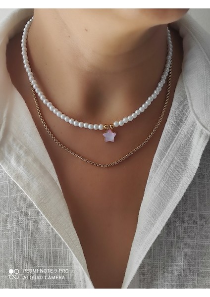 Amabel Jewelerys Altın Kaplama Yıldız Detaylı Cam Incisi 2'li Kadın Kolye