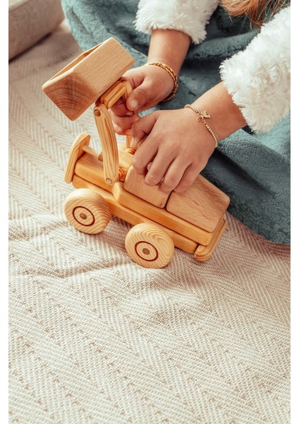 Ahşap Oyuncak Kepçe Renksiz Doğal Boyanabilir Masif Ahşap Oyuncak Dozer Bebek Oyuncağı