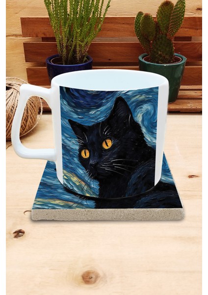 Kediler ve Sanat/van Gogh Yıldızlı Gece The Starry Night Set 10 - Yelken Fincan Kupa-Taş Bardak Altlığı 6