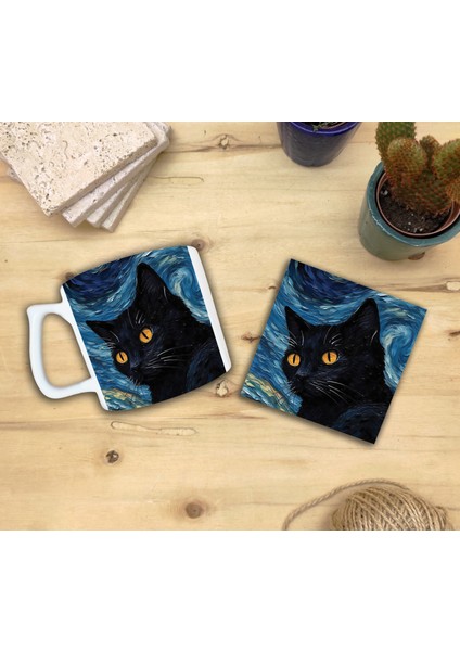 Kediler ve Sanat/van Gogh Yıldızlı Gece The Starry Night Set 10 - Yelken Fincan Kupa-Taş Bardak Altlığı 6