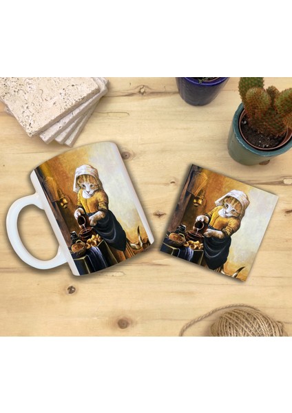 Kediler ve Sanat/johannes Vermeer The Milkmaid Set 8 - Standart Kupa-Taş Bardak Altlığı 1