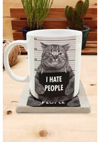 Kediler ve Sloganlar/ı Hate People Set 8 Standart Kupa-Taş Bardak Altlığı 2