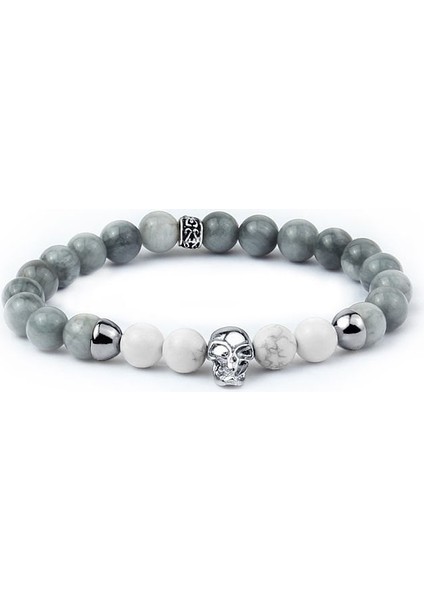 Doğal Obsidiam ve Howlite Taşlı Gümüş Erkek Bileklik 60699