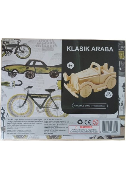 3D Ahşap Puzzle Klasik Araba 25 Parça Kendin Yap Kit (Dıy, Yapboz, Boyanabilir)
