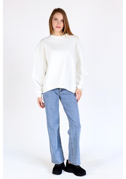 Ekru Bisiklet Yaka Oversize Kadın Sweatshirt 9152M fiyatları