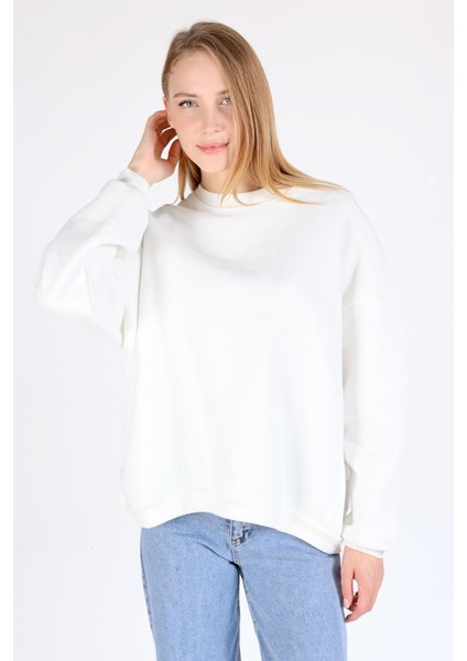 Ekru Bisiklet Yaka Oversize Kadın Sweatshirt 9152M modelleri