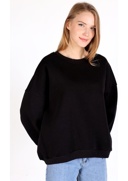 Siyah Bisiklet Yaka Oversize Kadın Sweatshirt 9152M