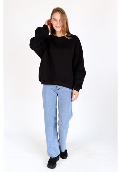 Siyah Bisiklet Yaka Oversize Kadın Sweatshirt 9152M fiyatları